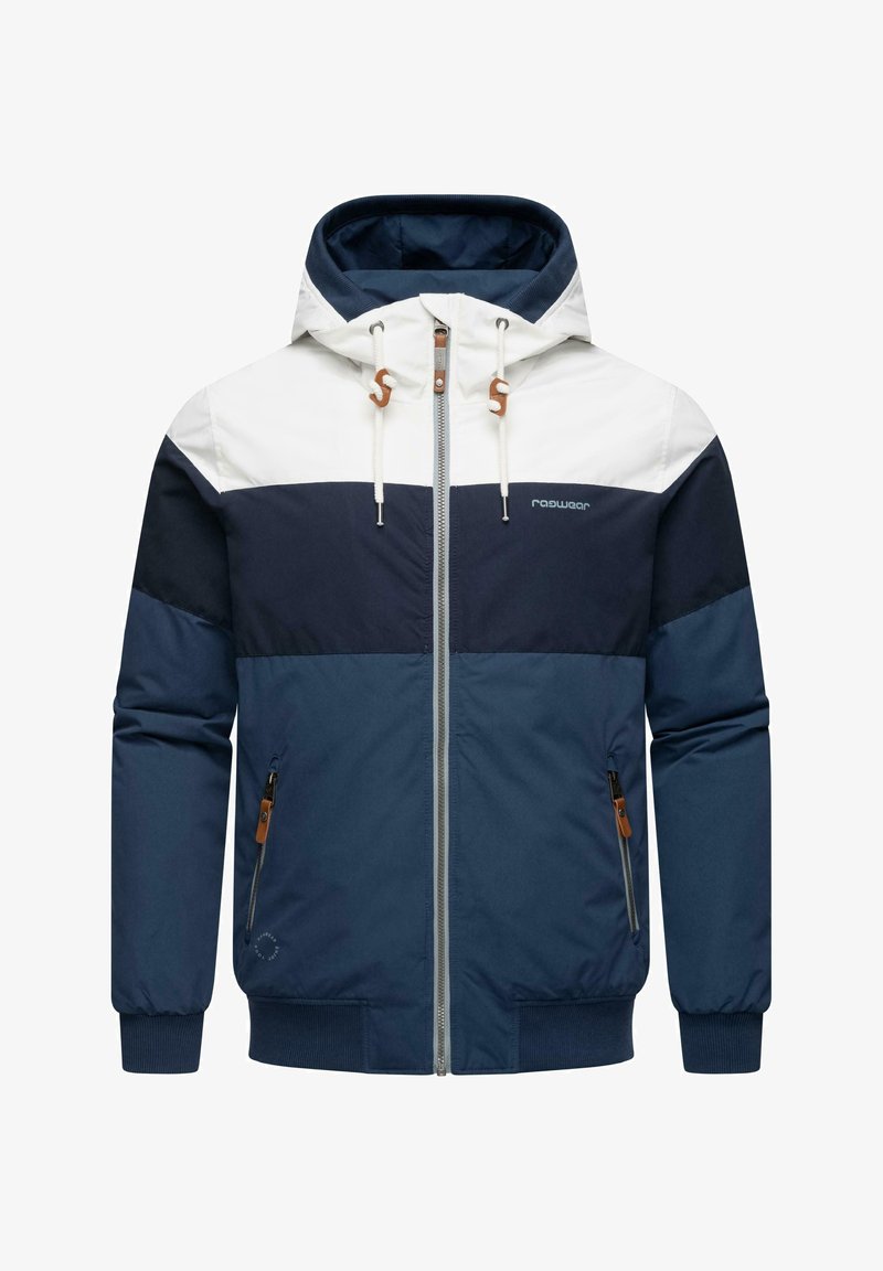 Temno modra in bela jakna s kapuco, z zadrgo na sprednji strani, elastičnimi manšetami in dvema stranskima žepoma. Ima svetlo rjave detajle in logotip.