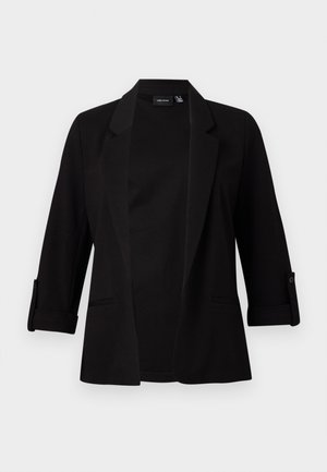 Schwarzer Blazer mit dreiviertel langen Ärmeln, strukturiertem Revers, offenem Schnitt und Knopfdetails an den Ärmeln. Glatte Stofftextur.