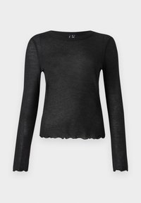 Μαύρο μακρυμάνικο μπλουζάκι με στρογγυλή λαιμόκοψη, ελαφρώς διαφανές ύφασμα και κυματιστές ραφές στα μανίκια και στο κάτω μέρος.