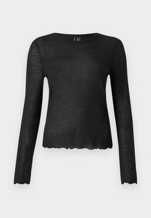 Μαύρο μακρυμάνικο μπλουζάκι με στρογγυλή λαιμόκοψη, ελαφρώς διαφανές ύφασμα και κυματιστές ραφές στα μανίκια και στο κάτω μέρος.