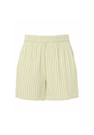 Žlto-biele vertikálne pruhované elastické šortky s bočnými vreckami, navrhnuté na každodenné nosenie.