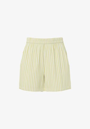 Shorts à taille élastique rayés verticalement jaune et blanc avec poches latérales, conçus pour un usage décontracté.