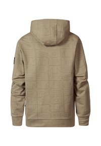 Sudadera beige con un patrón texturizado que presenta letras incrustadas. Tiene una capucha con cordón y puños acanalados para un ajuste ceñido.