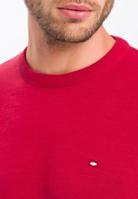 Czerwony sweter z okrągłym dekoltem i żeberkowym wykończeniem. Posiada mały biały detal logo na piersi, gładką strukturę i dopasowany krój.