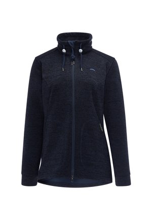 Dunkelblaue Fleecejacke mit durchgehendem Reißverschluss, hohem Kragen, verstellbaren Kordeln und langen Ärmeln.