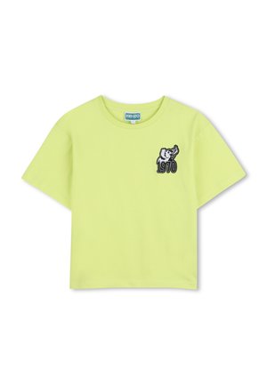 Limoengroene korte mouwen crop T-shirt met ronde hals en een kleine patch van een olifant boven het jaartal 1970 op de borst.