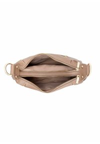 Beżowa skórzana torebka z złotymi akcentami, z podwójnymi zamkiem błyskawicznym i gładkim, teksturowanym wnętrzem.