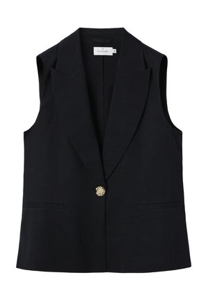 Čierna bezrukávová blazrová vesta so širokými klopami, jediným zlatým gombíkom na zapínanie a dvoma prednými priehlbinkovými vreckami, veľkosť 36.