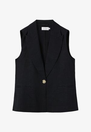 Čierna bezrukávová blazrová vesta so širokými klopami, jediným zlatým gombíkom na zapínanie a dvoma prednými priehlbinkovými vreckami, veľkosť 36.