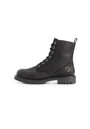 Bottines en cuir noir avec bout rond, lacets à l'avant, surface texturée et semelle en caoutchouc avec motif de traction ; présente un logo sur le talon.