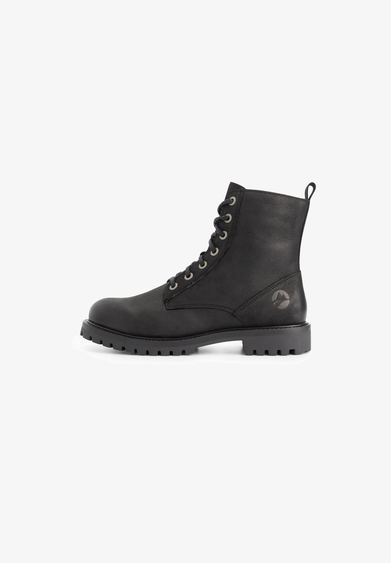 Zwarte leren enkelboots met ronde neus, vetersluiting aan de voorkant, structuur oppervlak en rubberen zool met profiel; bevat een logo op de hak.