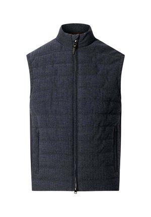 Chaleco acolchado gris oscuro con cuello alto, cremallera frontal y dos bolsillos laterales. Fabricado con una tela texturizada que presenta un patrón sutil.