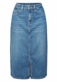 Jupe crayon en denim bleu avec fente devant, passants de ceinture, fermeture à boutons et poches avant.