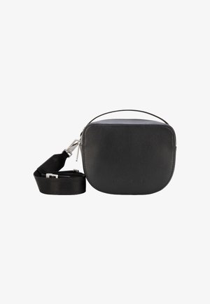 Piccola borsa a tracolla rettangolare nera in pelle con tracolla regolabile e manico superiore, design minimalista con chiusura a cerniera.