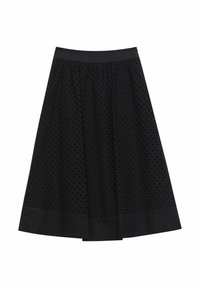 Jupe noire avec un motif à pois texturé, taille froncée et un ourlet noir uni. Fabriquée en tissu léger pour plus de confort.