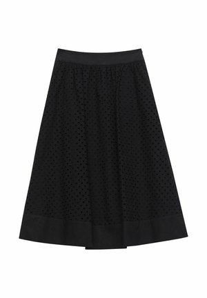 Zwarte rok met een getextureerd stippenpatroon, geplooide taille en een effen zwarte zoom. Gemaakt van lichte stof voor comfort.