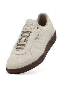 Tenis bej din suede, cu vârf rotund, talpă texturată și talpă din cauciuc marron închis. Prezintă branding cu logo și închidere cu șiret.