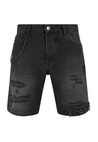 Pantalones cortos de mezclilla negra con parches desgastados, bordes deshilachados y un detalle de cadena en el lateral. Cuenta con un diseño clásico de cinco bolsillos.