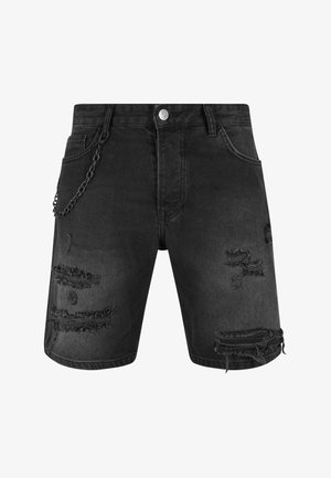 Zwarte denim shorts met versleten vlekken, rafelige randen en een kettingdetail aan de zijkant. Inclusief een klassiek ontwerp met vijf zakken.