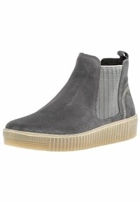 Stivaletti grigi in suede con pannelli laterali elasticizzati con motivo a spina di pesce, suola in gomma texturizzata e design della punta arrotondato.