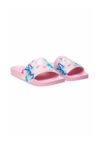 Roze schuimslippers hebben een brede band met een kleurrijk gradientpatroon en logo-accenten, geplaatst op een gestructureerde roze zool.