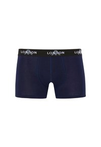 Navy boxer shorts made of soft fabric with a black waistband, featuring "LONDON" in white text. Flat seams and a supportive pouch design.
