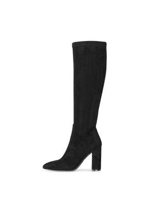 Zwarte suede kniehoge laars met een spitse neus, chunky blokhak en een gladde textuur. Beschikt over een strakke, naadloze uitstraling zonder metalen accenten.