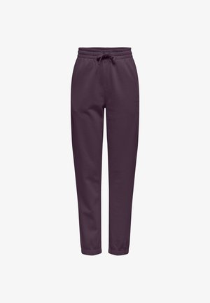 Purple jogger pants with an elastic waistband and drawstring. Tapered design with ribbed cuffs. Made from soft, stretchy material.