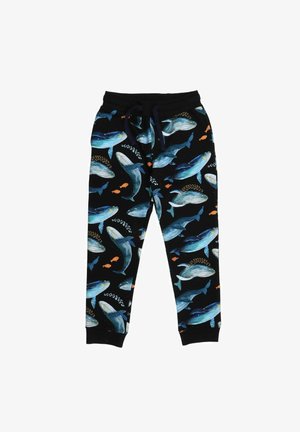 Boys' black sweatpants featuring a colorful whale and fish pattern, soft fabric, elastic waistband, and cuffed ankles for comfort.