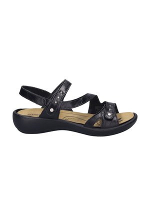 Black leather sandal with three cross straps, decorative silver studs, cushioned insole, and a rubber sole for comfort and support.