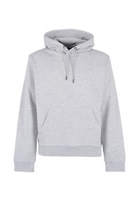 Felpa grigia chiara realizzata in morbido cotone misto. Presenta un cappuccio con cordino, una tasca a marsupio frontale e polsini e orlo a coste. Design semplice.