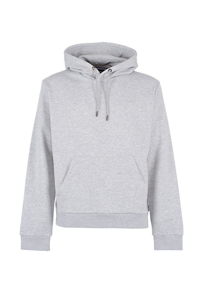 Felpa grigia chiara realizzata in morbido cotone misto. Presenta un cappuccio con cordino, una tasca a marsupio frontale e polsini e orlo a coste. Design semplice.