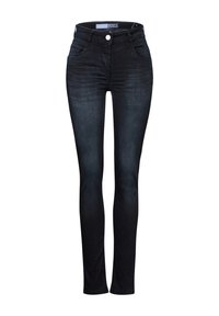 Jeans skinny realizzati in denim scuro con una texture liscia. Presentano cinque tasche, passanti per la cintura e una chiusura con bottone metallico in vita.
