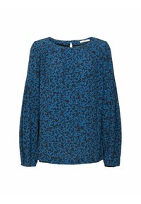 Blouse bleue avec motif floral abstrait noir, manches longues bouffantes, encolure ronde et fermeture par bouton clé à l'arrière.