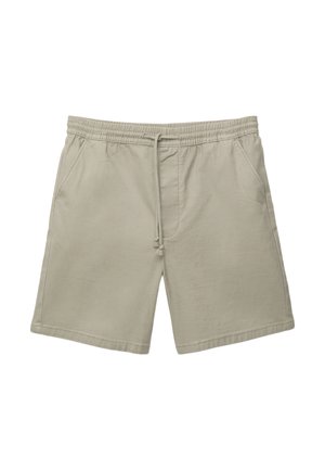 Pantaloni corti beige realizzati in tessuto leggero, con vita elastica e cordoncino, e tasche laterali. Design semplice e dritto.