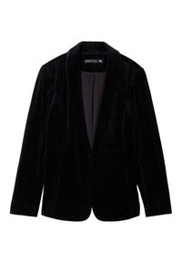 Blazer in velluto nero con rever a punta, chiusura frontale singola e texture a righe verticali. Presenta maniche lunghe e una fodera interna liscia.