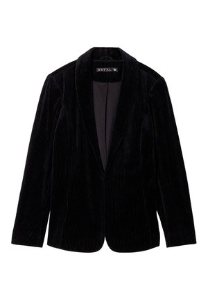 Blazer in velluto nero con rever a punta, chiusura frontale singola e texture a righe verticali. Presenta maniche lunghe e una fodera interna liscia.