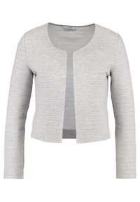 Světle šedý kardigan vyrobený z texturované tkaniny. Má kulatý výstřih, dlouhé rukávy a otevřený přední design.