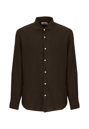 Camisa marrón oscuro de manga larga con botones blancos y cuello puntiagudo, mostrada sobre un fondo blanco.