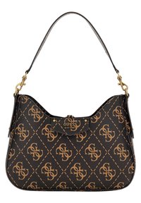 Sort håndtaske med en buet silhuet, der har et kviltet mønster og guldfarvet hardware. Designet viser et logo-print og et struktureret håndtag.