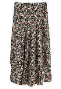 Jupe midi florale avec un fond noir agrémenté de fleurs roses, vertes et blanches. Fabriquée en matière légère, elle présente un design fluide.