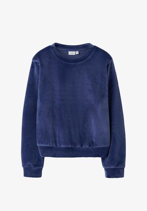 Navy blue, ribbed sweatshirt made of soft fabric, featuring a round neckline and long sleeves, with a cropped hem and relaxed fit.