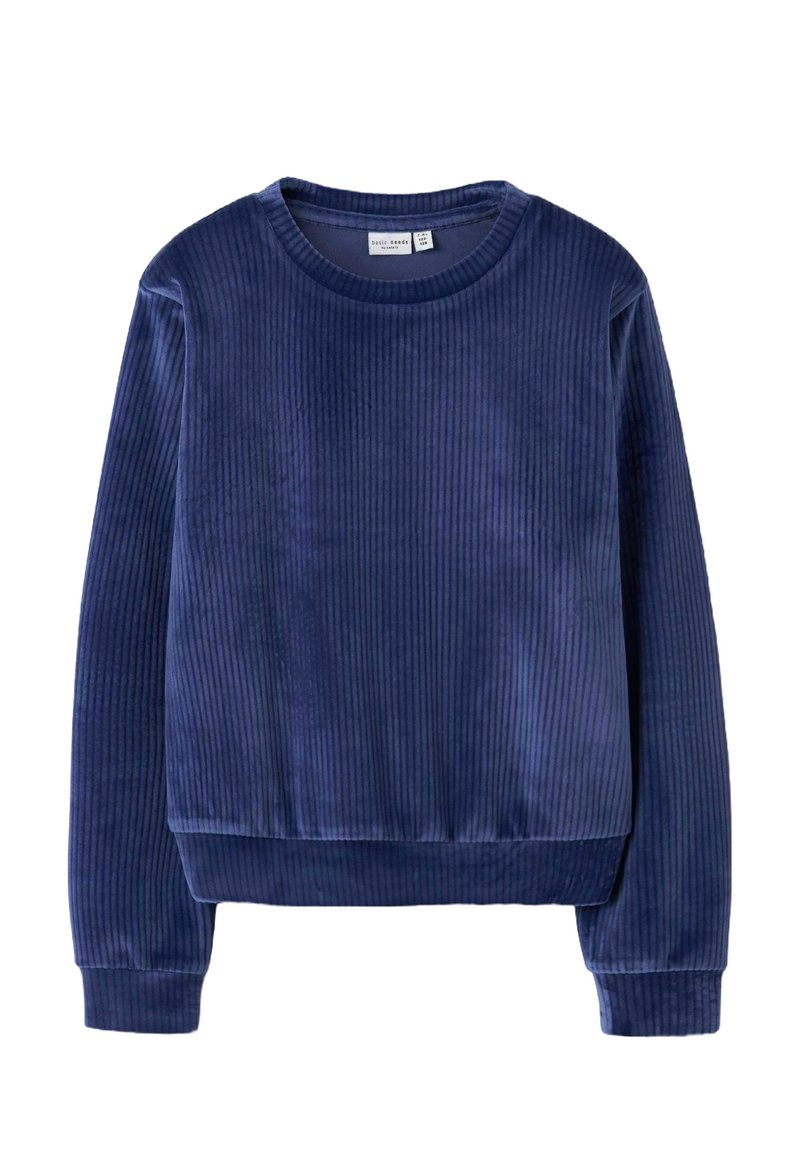 Felpa a coste di colore blu navy, realizzata in morbido tessuto, con scollatura rotonda e maniche lunghe, orlo corto e vestibilità rilassata.