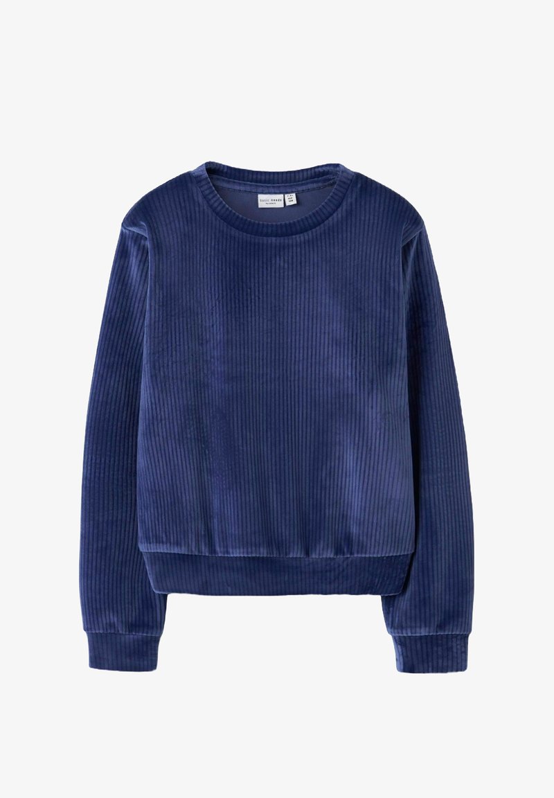 Felpa a coste di colore blu navy, realizzata in morbido tessuto, con scollatura rotonda e maniche lunghe, orlo corto e vestibilità rilassata.