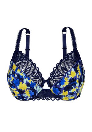 Soutien-gorge en dentelle florale bleu marine avec motifs floraux bleus et jaunes, bordure en dentelle festonnée, bretelles réglables et fermeture à agrafes au dos.
