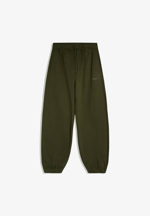 Pantalon de survêtement vert olive avec taille et poignets élastiques, doté d'un cordon de serrage et d'un logo discret sur la partie supérieure de la jambe gauche.