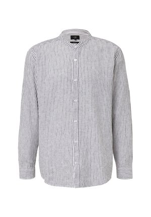 Gestreifte Button-Up-Hemd in Hellgrau und Dunkelgrau, aus gewebtem Stoff, mit Bandkragen und langen Ärmeln mit Knopfmanschetten.
