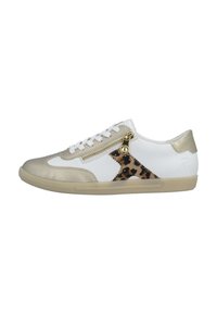 White and gold sneaker with a leopard print accent. Features a side zipper, lace-up closure, and textured rubber sole.