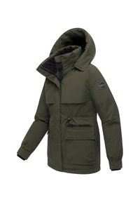 Olive green insulated jacket with a hood, multiple pockets, zipper and snap closures, and a logo patch on the sleeve. Mat finish texture.
