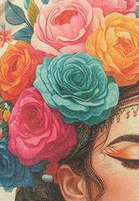 Tejido colorido con un diseño floral que presenta rosas en rosa, naranja, turquesa y verde, texturizado y detallado con reflejos.